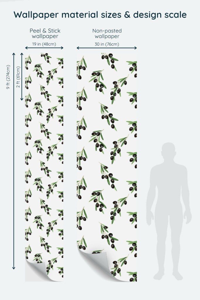 Size comparison of Olive Peel & Stick and Non-pasted wallpapers with design scale relative to human figure