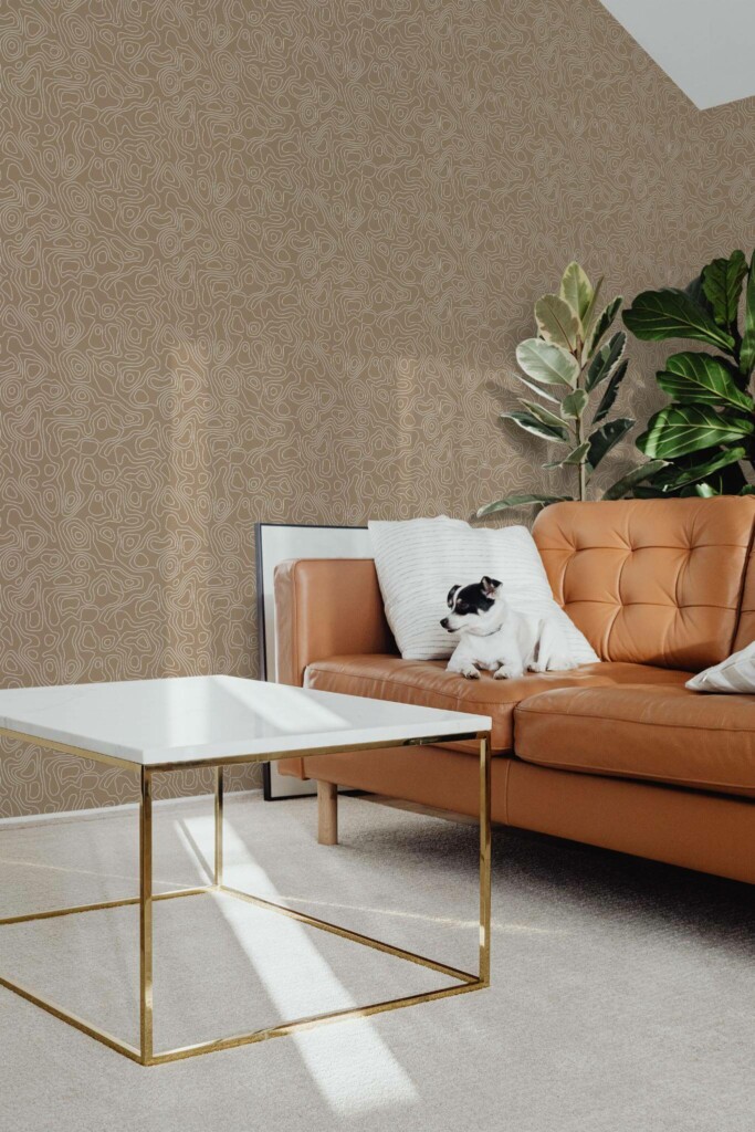 Mid-century modern style living room with dog on a sofa decorated with One line brown peel and stick wallpaper