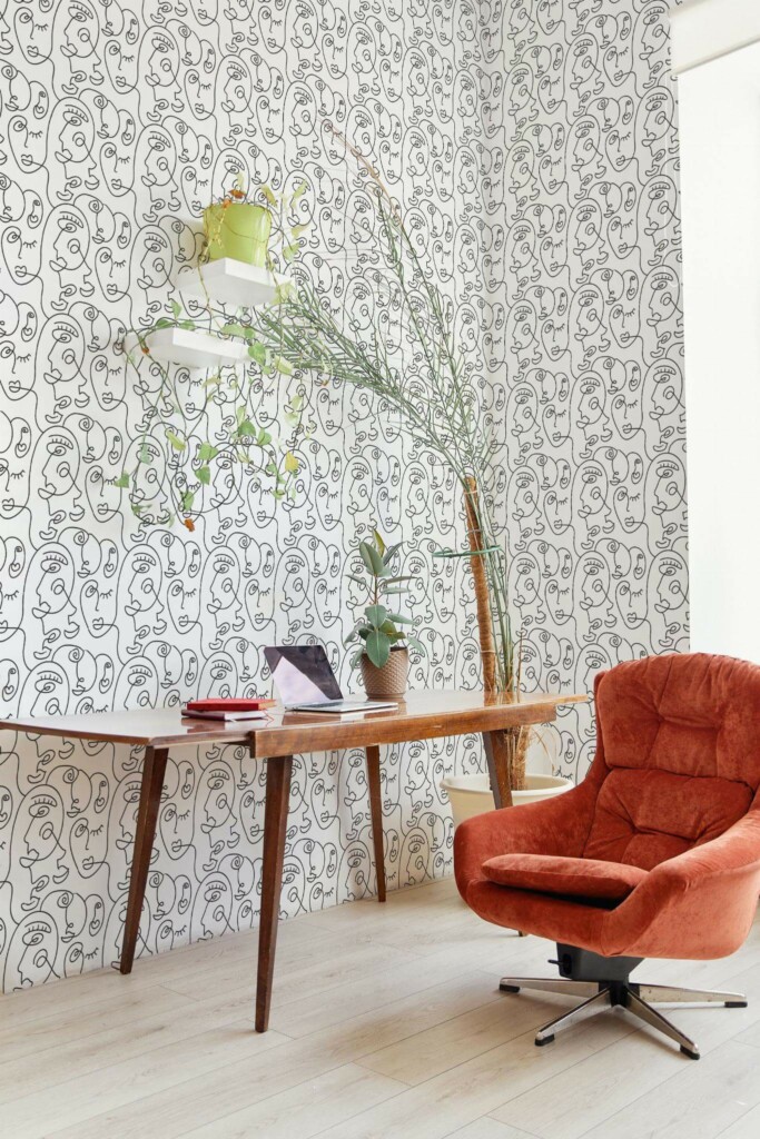 MId-century boho style home office decorated with One line faces peel and stick wallpaper