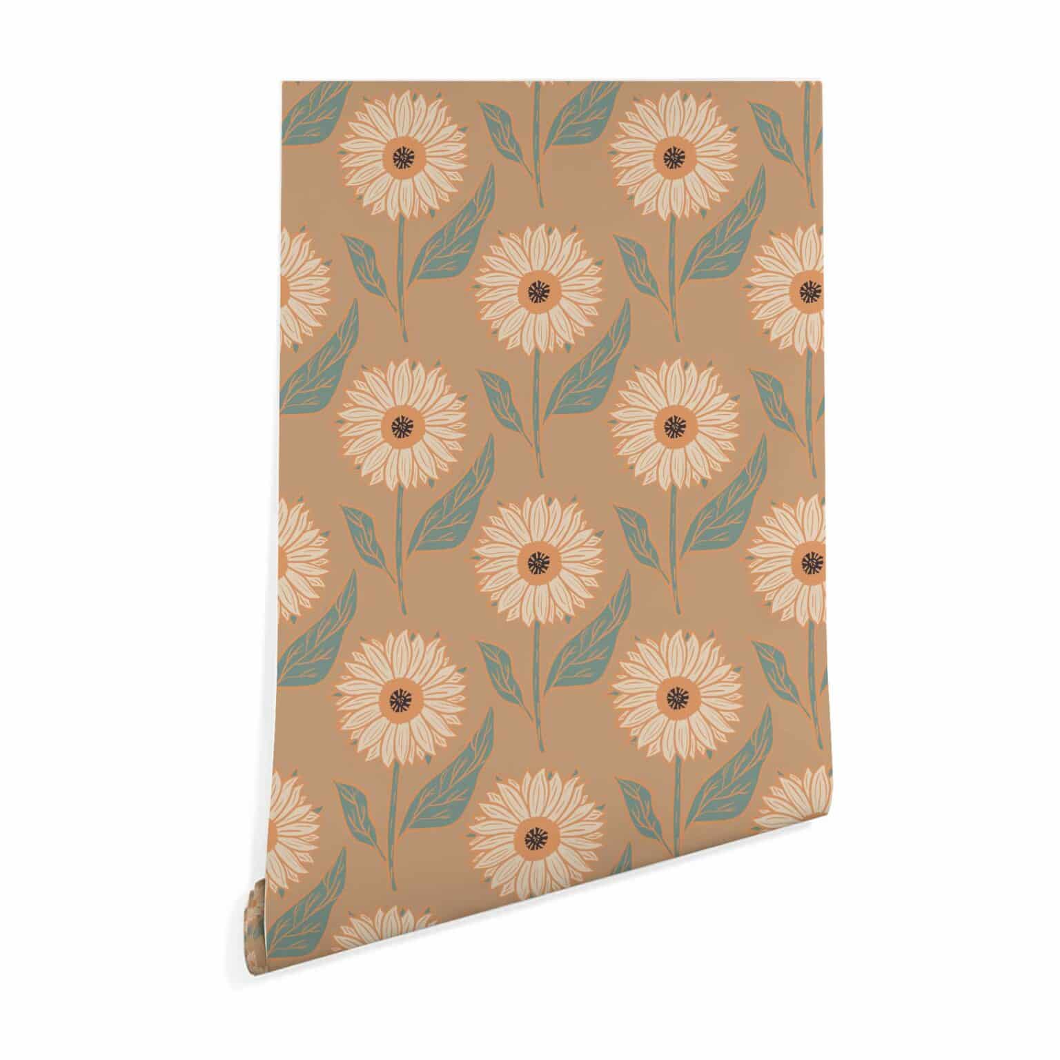 Warm sunflower floral pattern wallpaper - Peel and Stick Removable