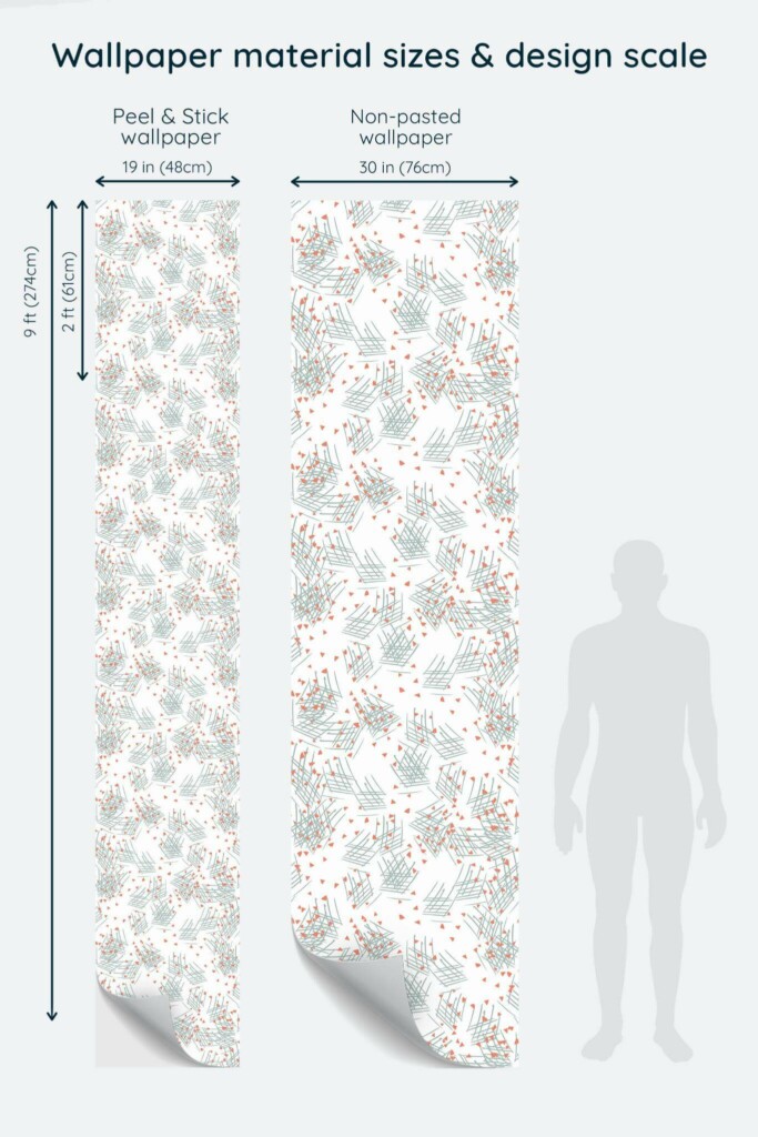 Size comparison of Orange and green abstract Peel & Stick and Non-pasted wallpapers with design scale relative to human figure