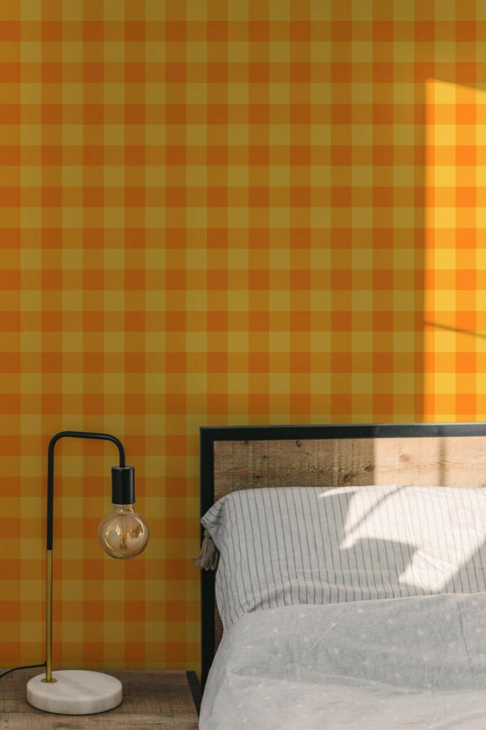 Minimal modern style bedroom decorated with Orange and yellow gingham peel and stick wallpaper