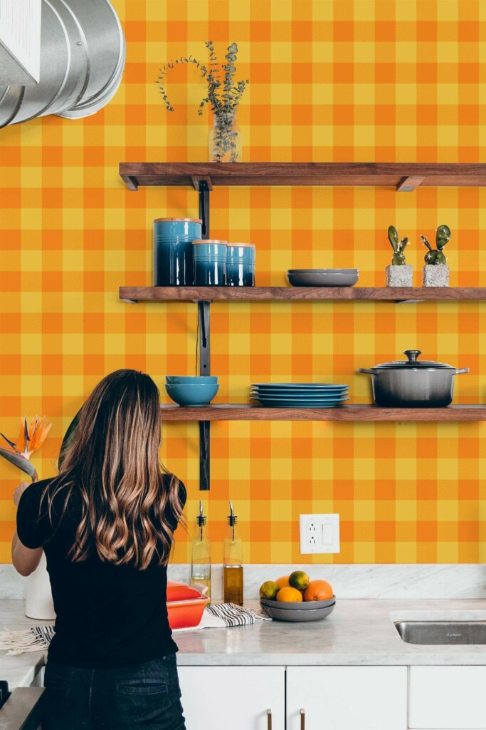 Modern Rustic style kitchen decorated with Orange and yellow gingham peel and stick wallpaper