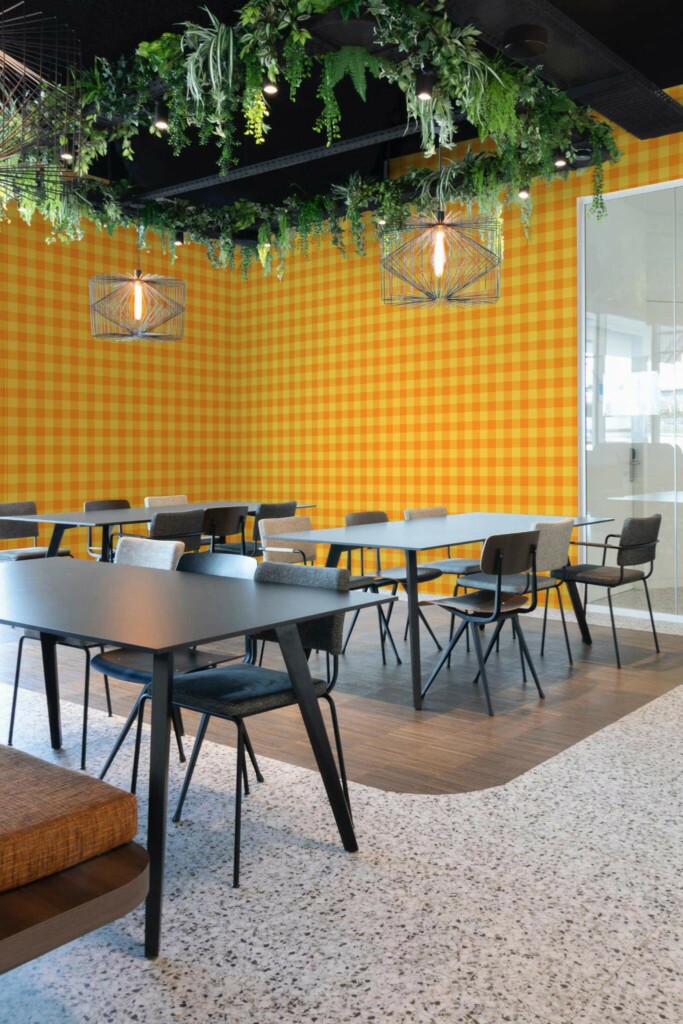 Modern style cafe decorated with Orange and yellow gingham peel and stick wallpaper