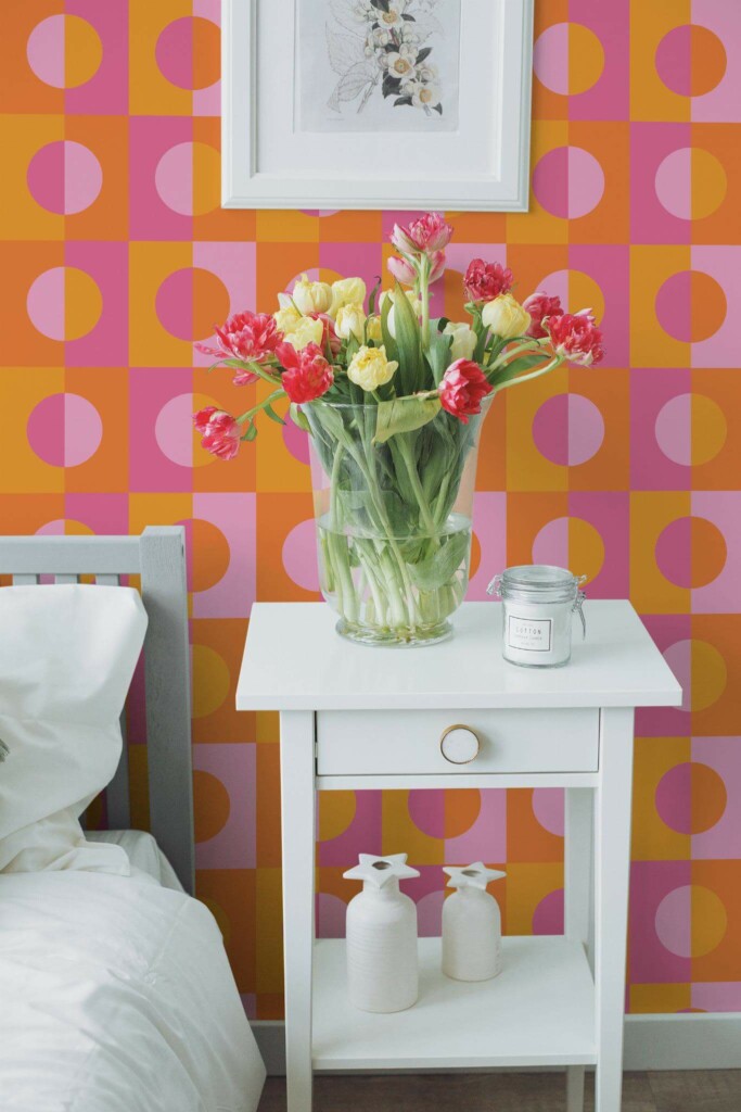 Farmhouse style bedroom decorated with Orange circles peel and stick wallpaper