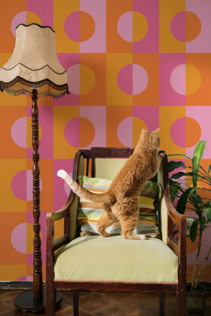 Victorian style living room with a cat decorated with Orange circles peel and stick wallpaper