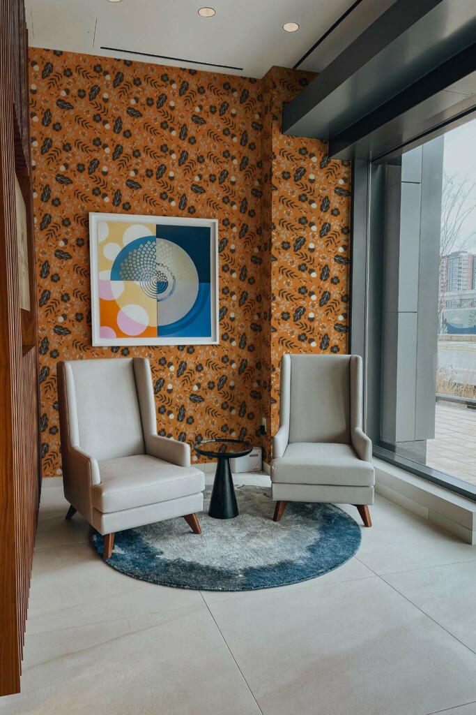Mid-century-modern style living room decorated with Orange fall peel and stick wallpaper