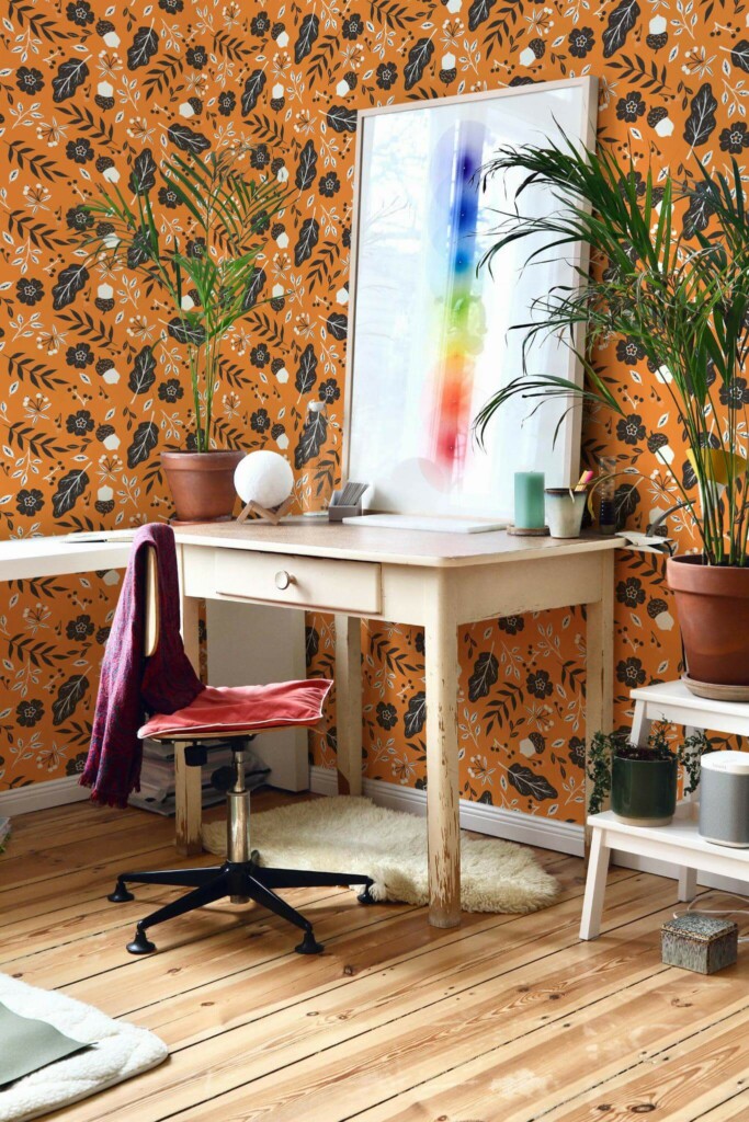 Vintage eclectic style home office decorated with Orange fall peel and stick wallpaper