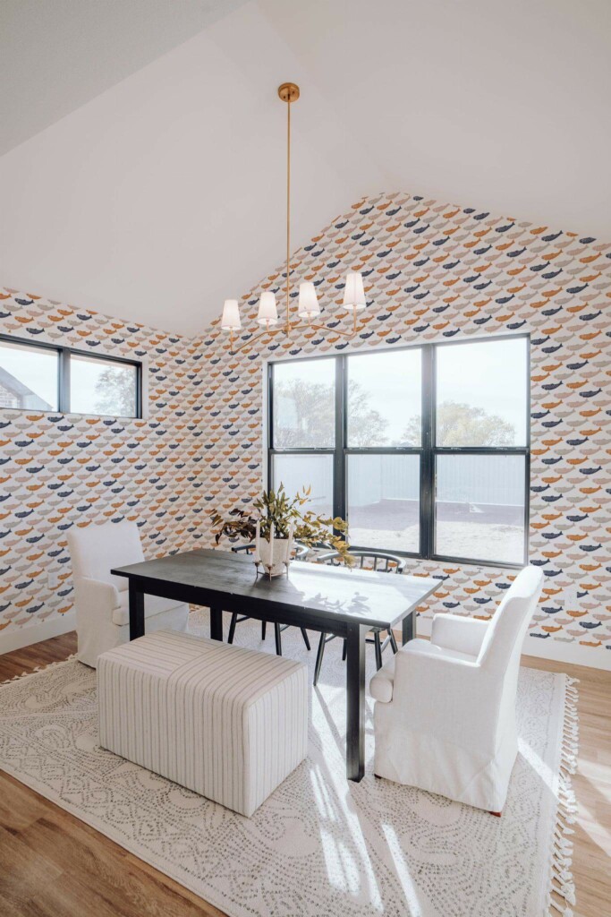 Elegant minimal style dining room decorated with Orange fish peel and stick wallpaper