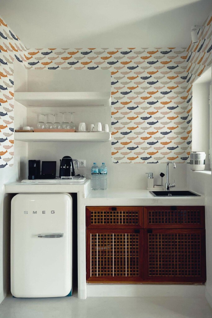 Rustic minimal style kitchen decorated with Orange fish peel and stick wallpaper