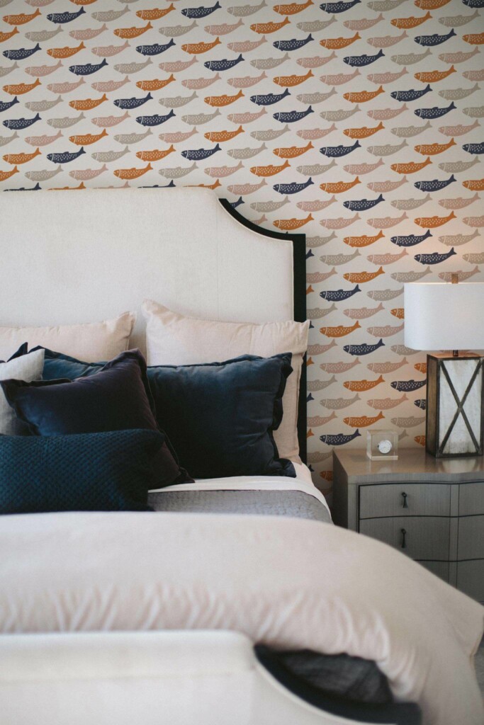 Shabby chic style bedroom decorated with Orange fish peel and stick wallpaper