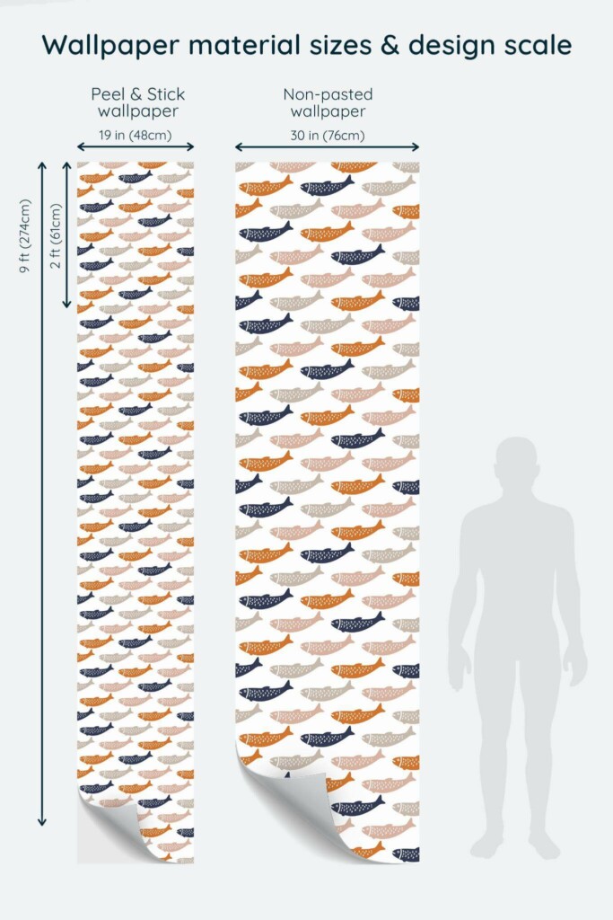 Size comparison of Orange fish Peel & Stick and Non-pasted wallpapers with design scale relative to human figure