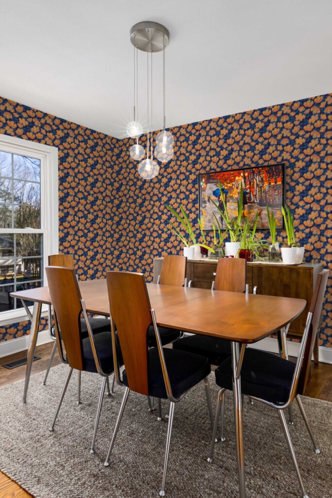 Fancy Walls Orange Floral wallpaper for Dining room walls in Botanical style traditional wallpaper.