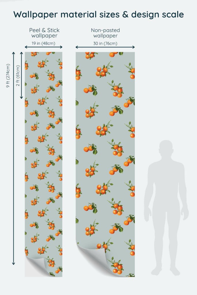 Size comparison of Orange fruit Peel & Stick and Non-pasted wallpapers with design scale relative to human figure