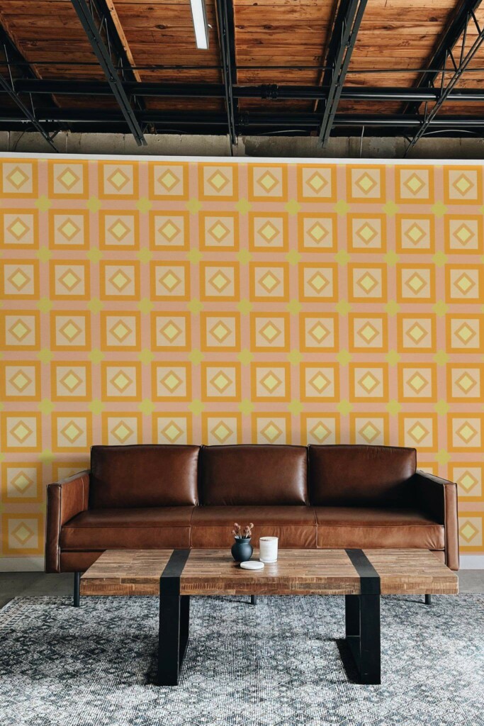 Industrial rustic style living room decorated with Orange geometric peel and stick wallpaper