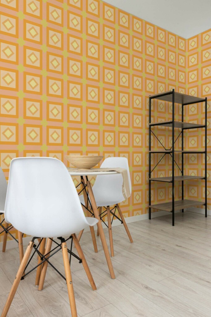 Minimalist style dining room decorated with Orange geometric peel and stick wallpaper