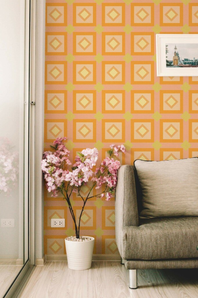 Modern farmhouse style living room decorated with Orange geometric peel and stick wallpaper