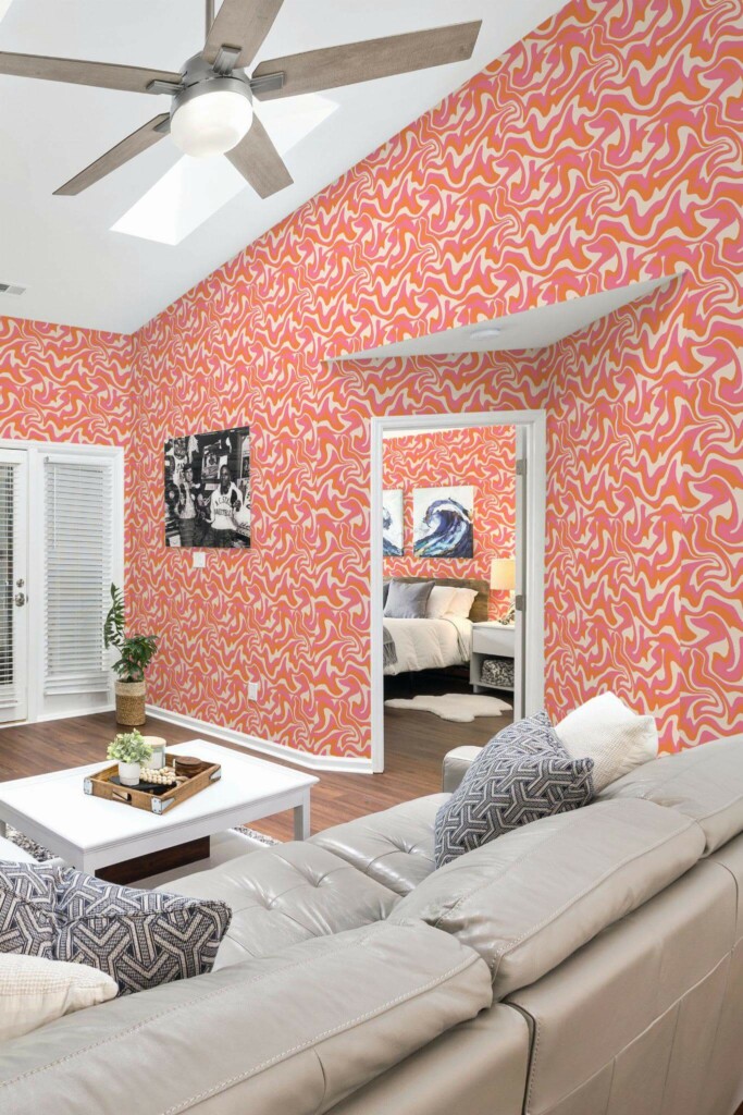 Coastal scandinavian style living room and bedroom decorated with Orange groovy peel and stick wallpaper