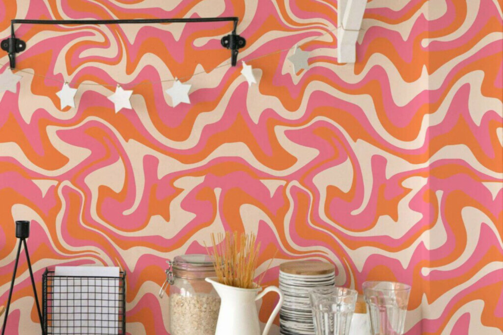 Orange Groovy funky bright wallpaper in kitchen interior