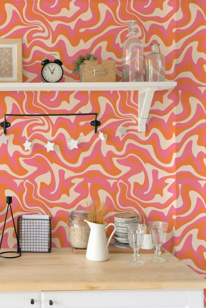 Light farmhouse style kitchen decorated with Orange groovy peel and stick wallpaper