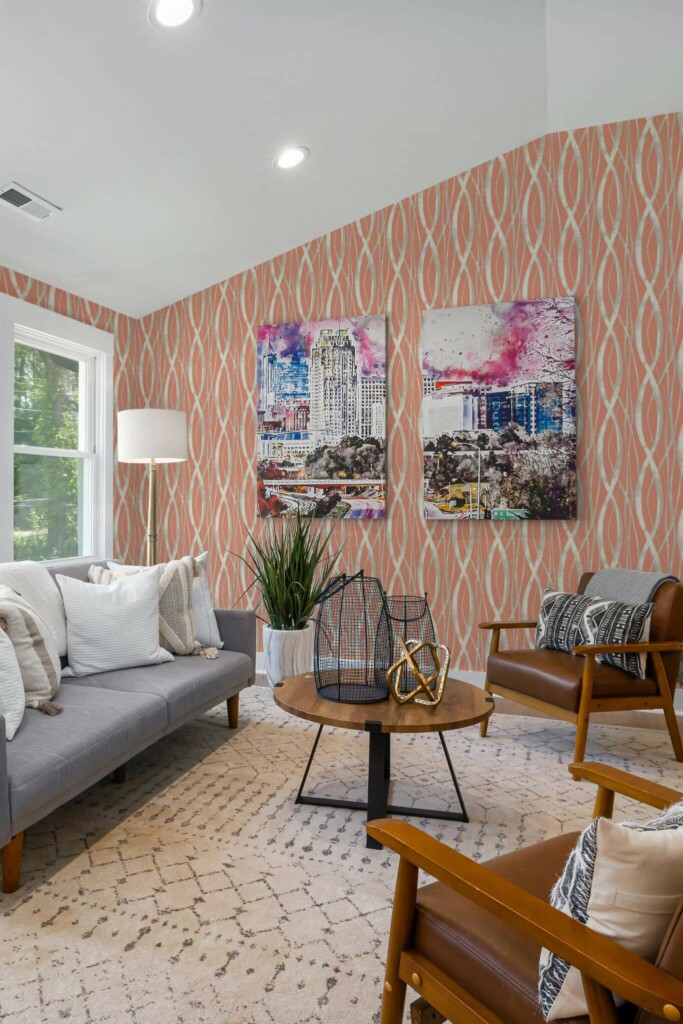 Mid-century modern style living room decorated with Orange Lines peel and stick wallpaper and colorful funky artwork