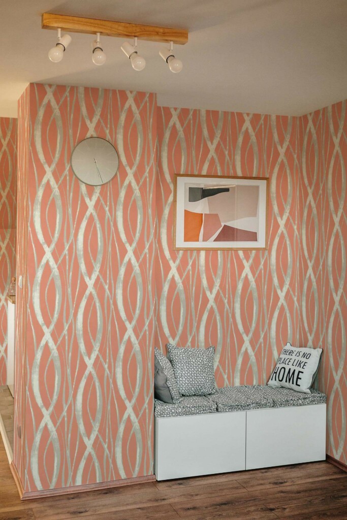 Scandinavian style entryway decorated with Orange Lines peel and stick wallpaper