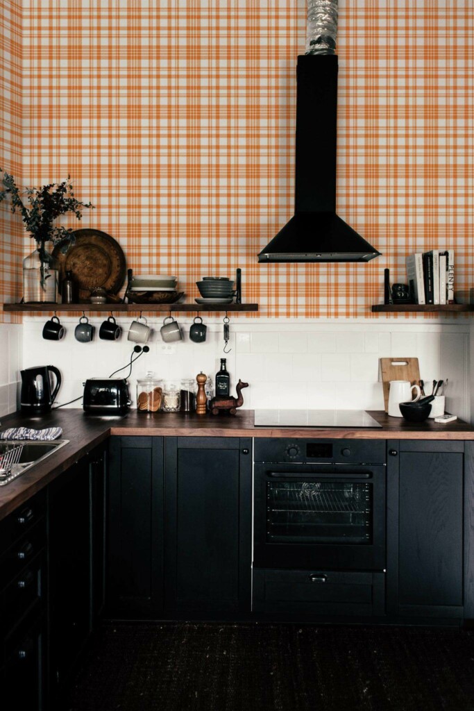Dark industrial style kitchen decorated with Orange plaid peel and stick wallpaper