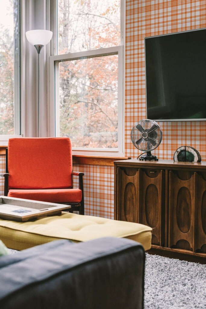 Rustic style living room decorated with Orange plaid peel and stick wallpaper