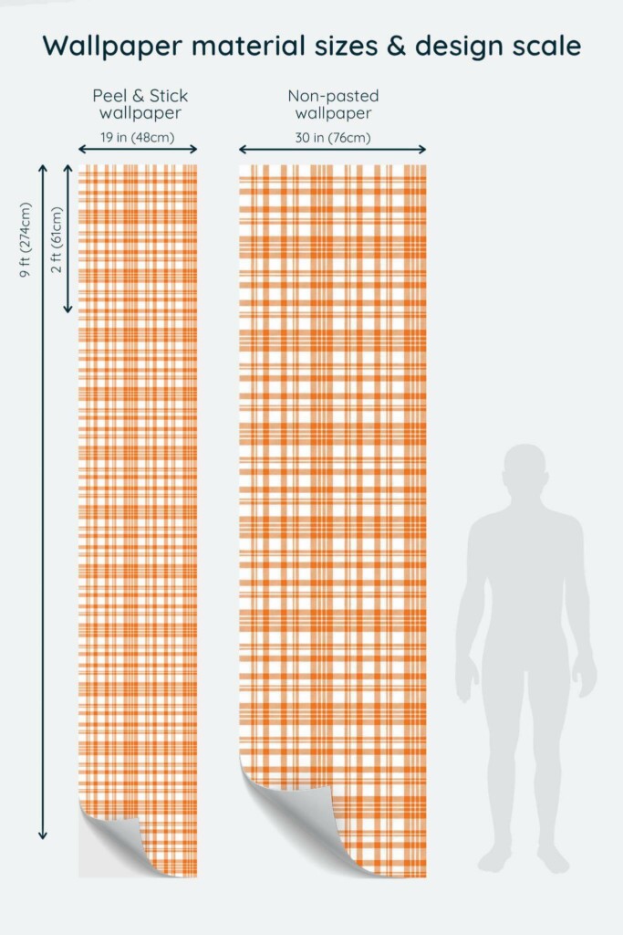 Size comparison of Orange plaid Peel & Stick and Non-pasted wallpapers with design scale relative to human figure