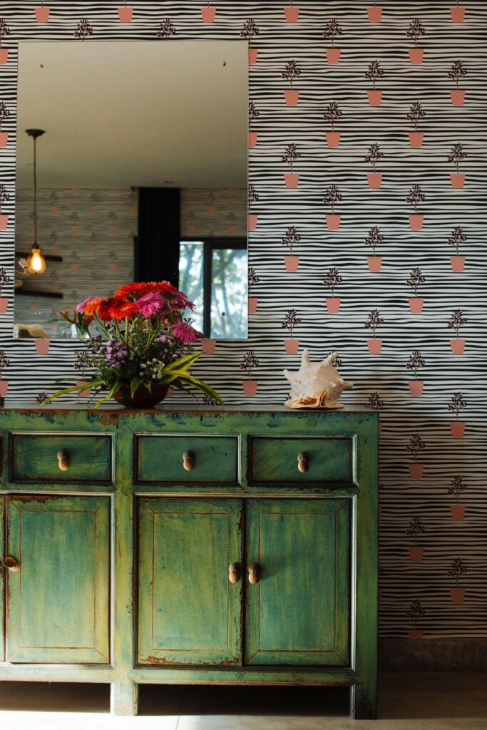 Industrial style living room decorated with Orange plant peel and stick wallpaper