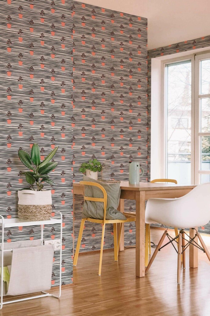 Minimal scandinavian style dining room decorated with Orange plant peel and stick wallpaper