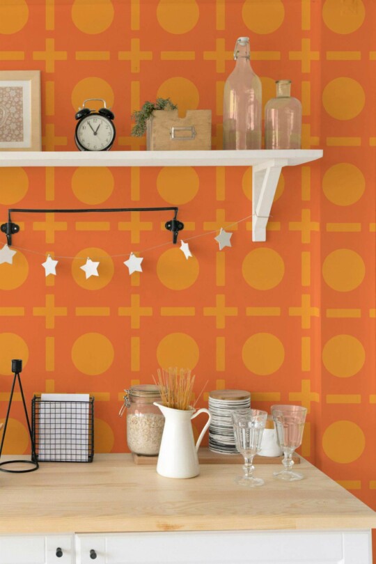 Light farmhouse style kitchen decorated with Orange retro geometry peel and stick wallpaper