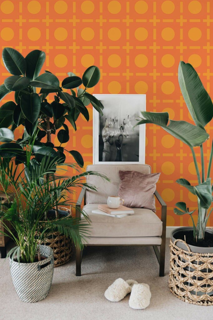Modern boho style living room decorated with Orange retro geometry peel and stick wallpaper