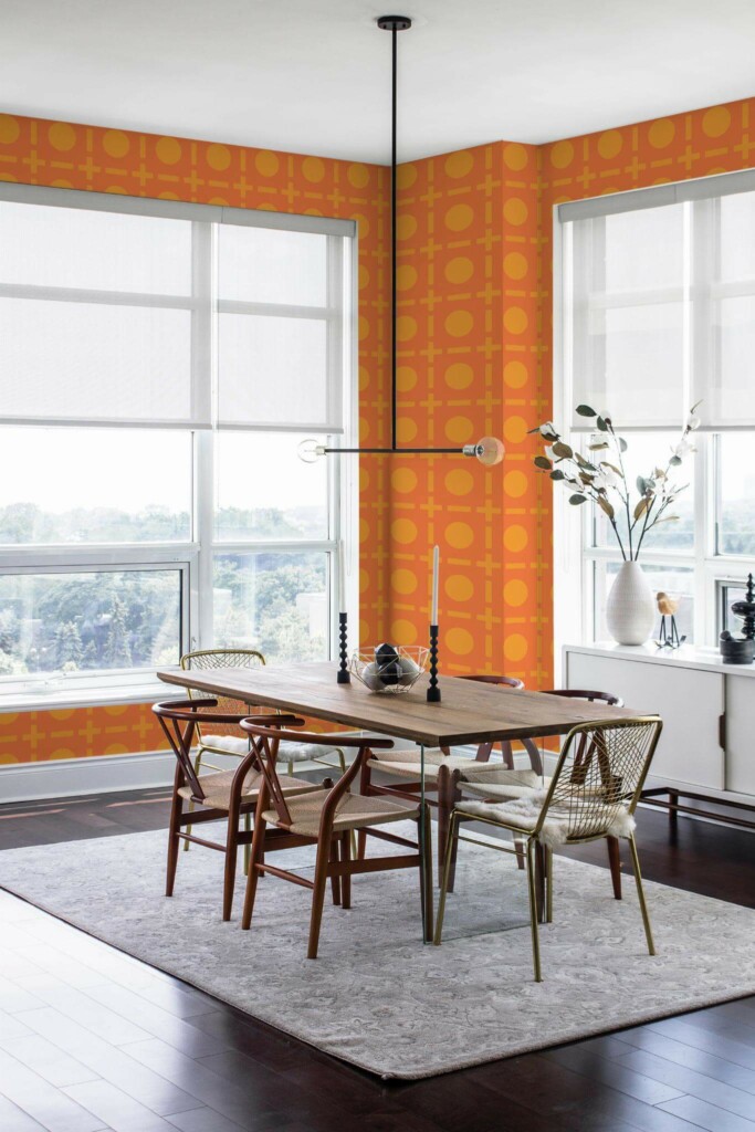 Modern minimalist style dining room decorated with Orange retro geometry peel and stick wallpaper