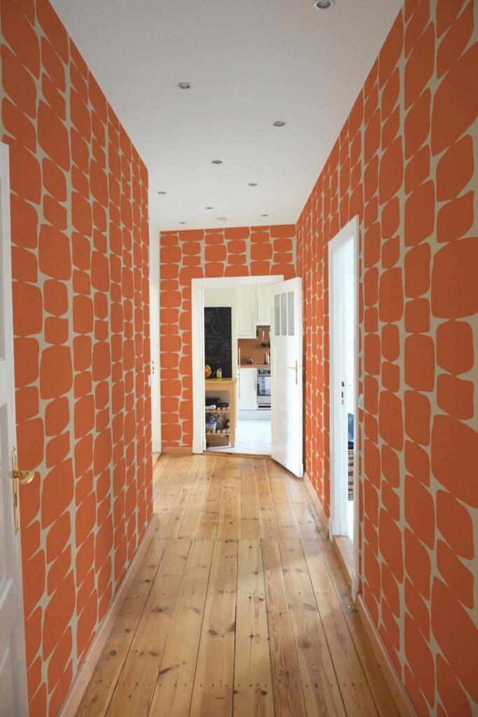 Minimal farmhouse style hallway decorated with Orange retro peel and stick wallpaper