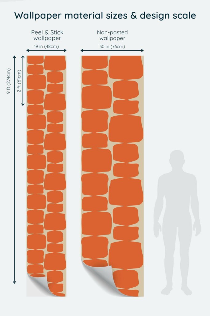 Size comparison of Orange retro Peel & Stick and Non-pasted wallpapers with design scale relative to human figure