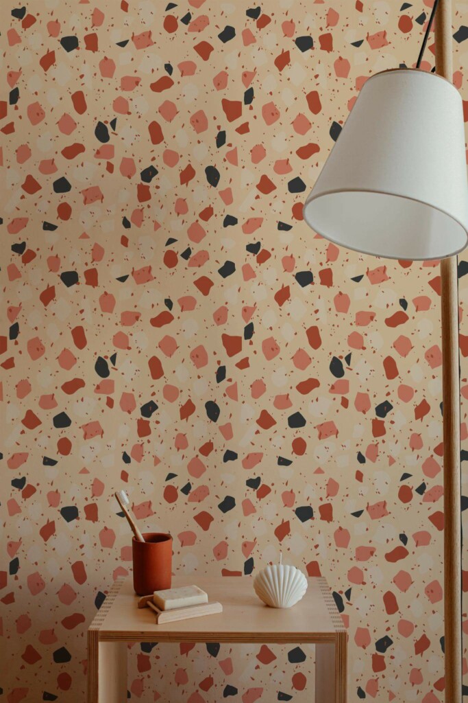Minimal style bathroom decorated with Orange terrazzo peel and stick wallpaper