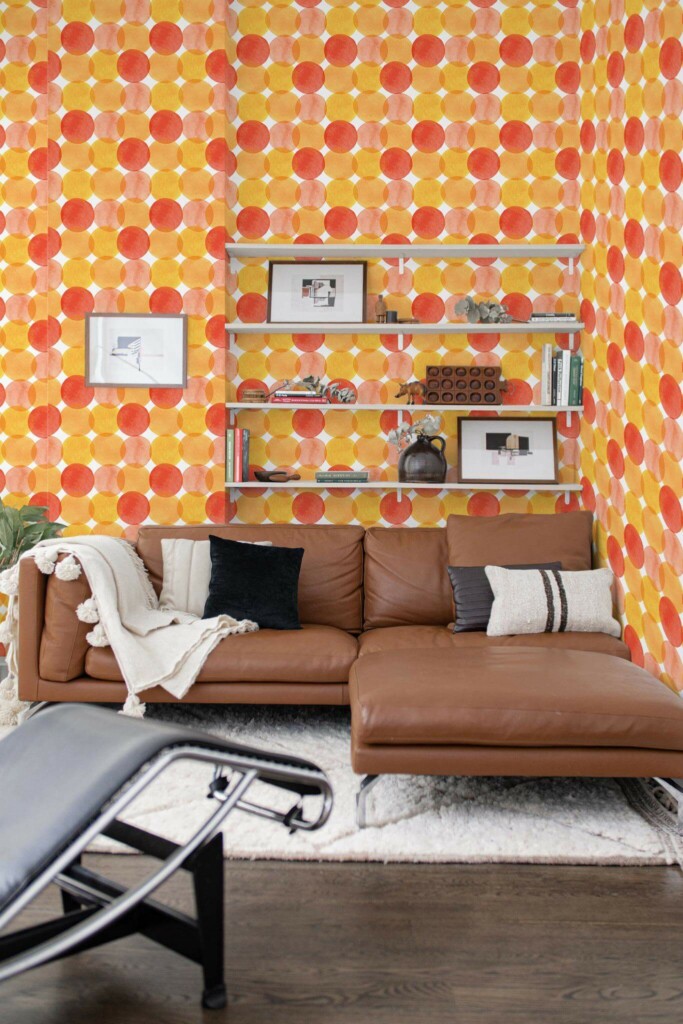 Mid-century modern style dining room decorated with Orange watercolor dot peel and stick wallpaper