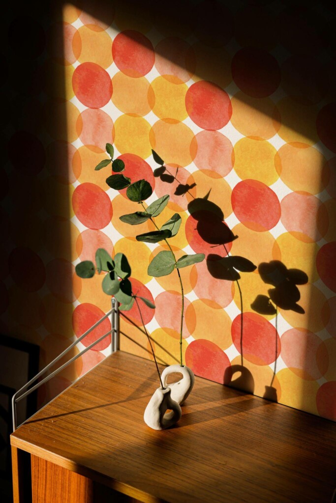 Mid-century style living room decorated with Orange watercolor dot peel and stick wallpaper