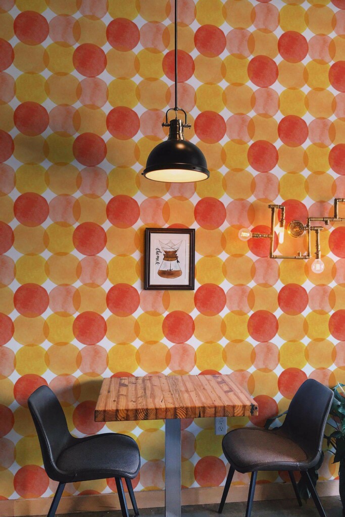 Rustic farmhouse style dining room decorated with Orange watercolor dot peel and stick wallpaper