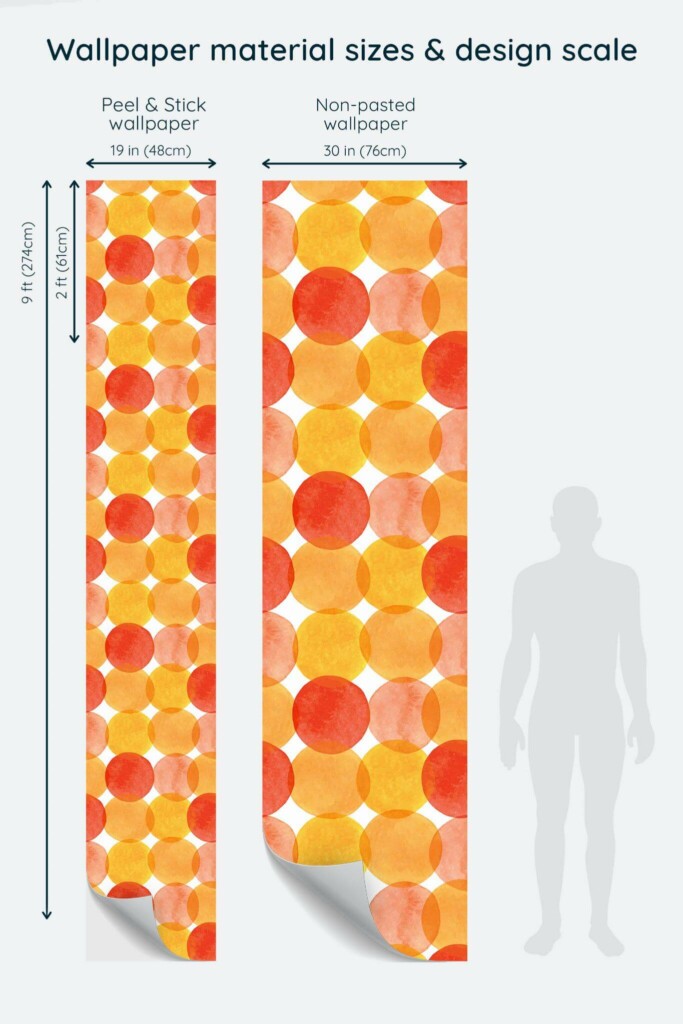 Size comparison of Orange watercolor dots Peel & Stick and Non-pasted wallpapers with design scale relative to human figure
