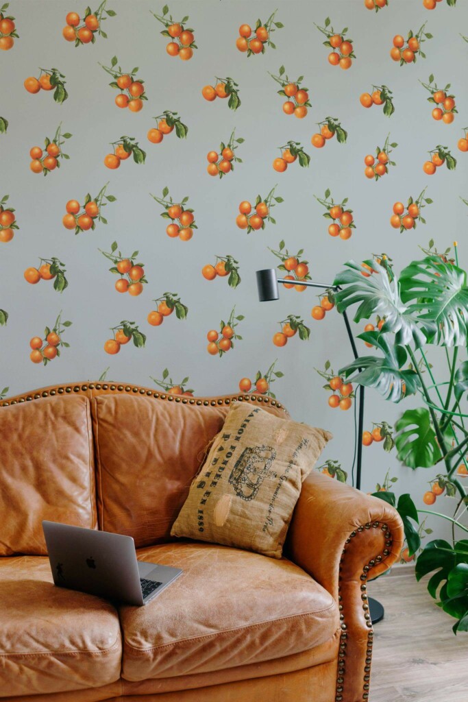 Mid-century modern style living room decorated with Oranges peel and stick wallpaper