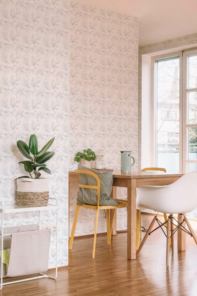 Minimal scandinavian style dining room decorated with Organic pattern peel and stick wallpaper