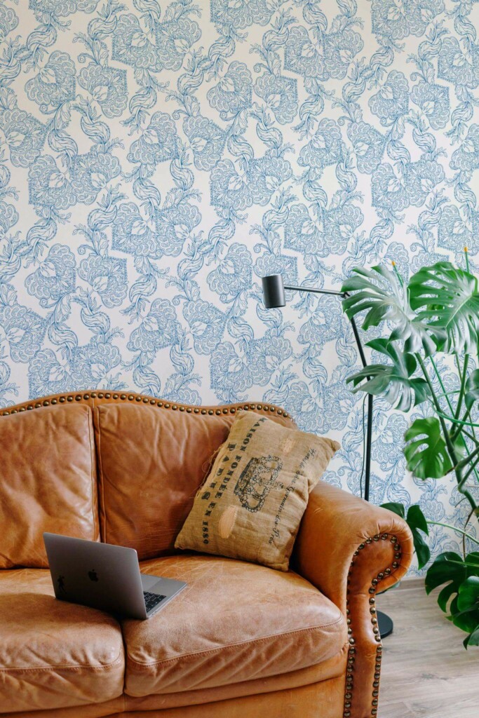 Mid-century modern style living room decorated with Oriental Blue and white floral peel and stick wallpaper