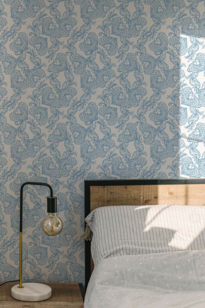 Minimal modern style bedroom decorated with Oriental Blue and white floral peel and stick wallpaper