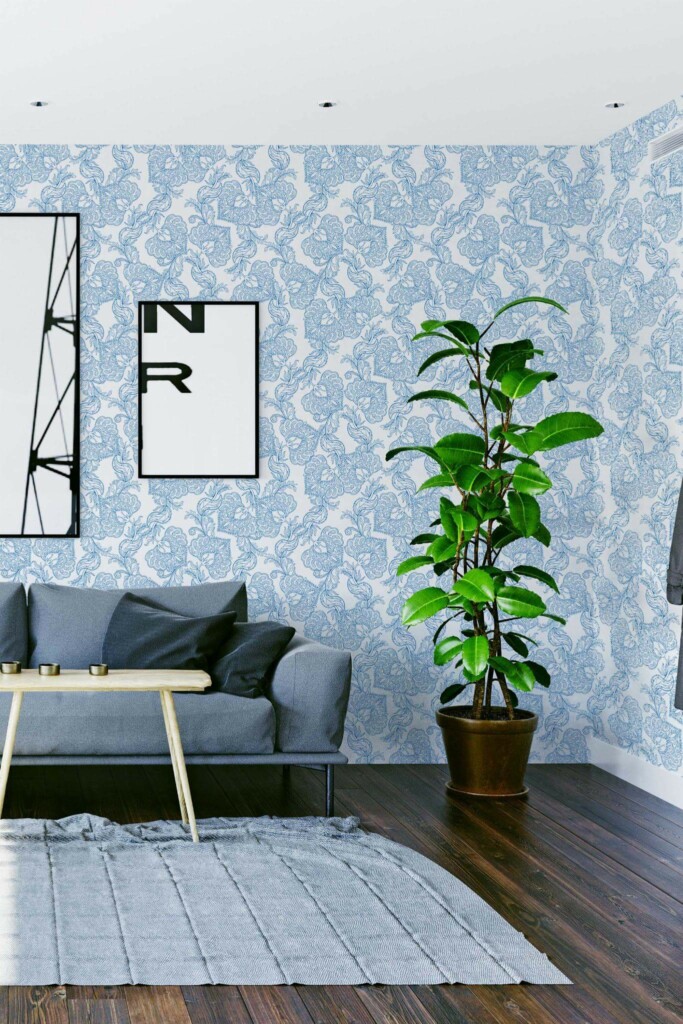 Modern scandinavian style living room decorated with Oriental Blue and white floral peel and stick wallpaper