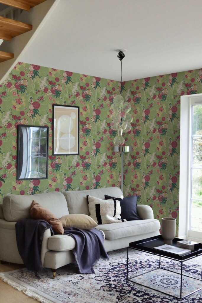 Contemporary style living room and kitchendecorated with Oriental paradise peel and stick wallpaper