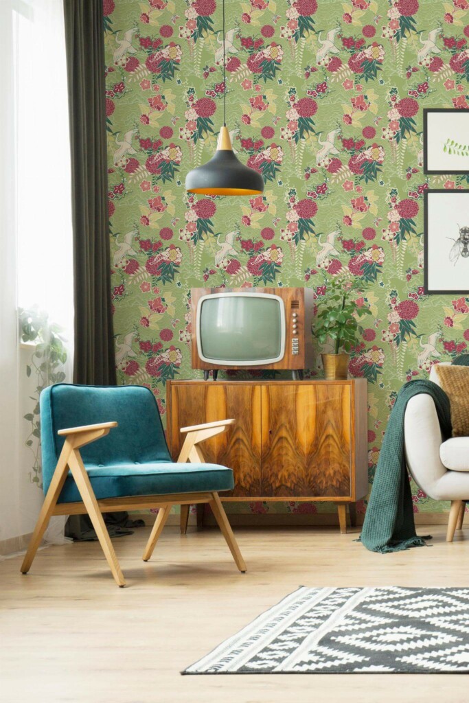 Mid-century modern style living room decorated with Oriental paradise peel and stick wallpaper