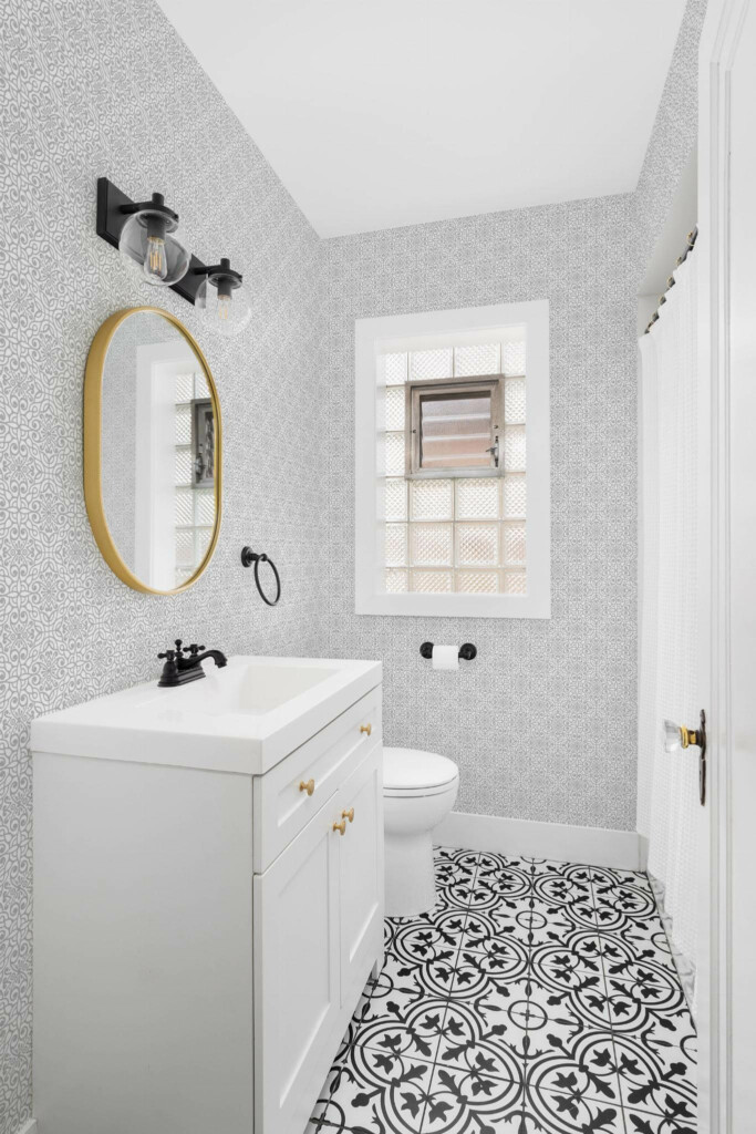 Minimal style bathroom decorated with Oriental peel and stick wallpaper