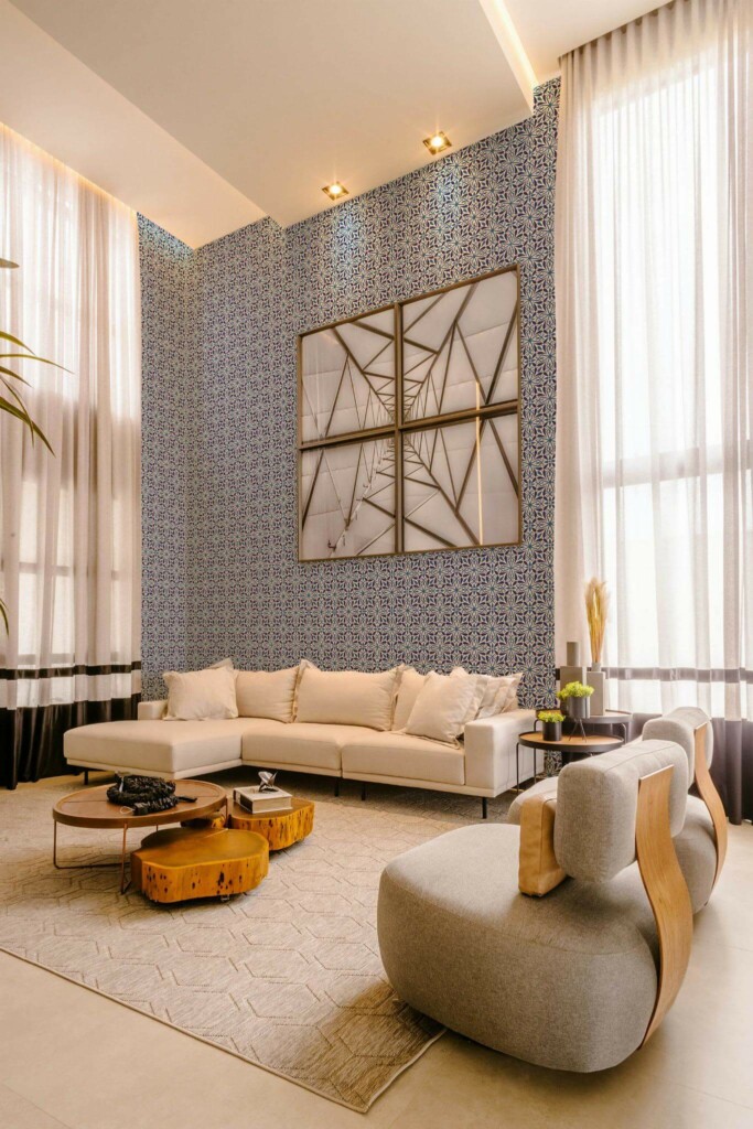 Contemporary style living room decorated with Oriental tile peel and stick wallpaper